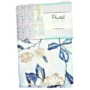 Floral Fabric Bathroom Shower Curtain Flowers Mauve Navy Blue Leaves on White